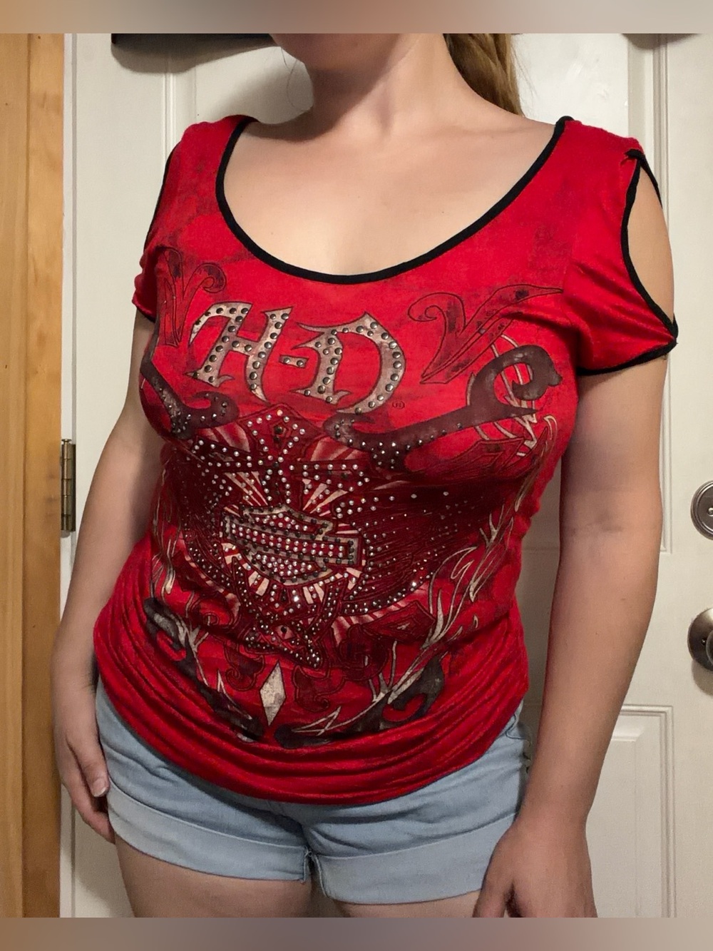 Harley Davidson Red Short Sleeve with Rhinestones and Chain Detailing L-XL